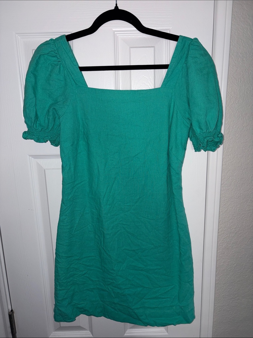 Draper James Teal Square-Neck Mini Dress with Puff Sleeves